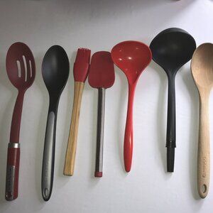 Set of 7 Large Kitchen Cooking Utensils Spoons, Ladle, Wood, Metal, Plastic